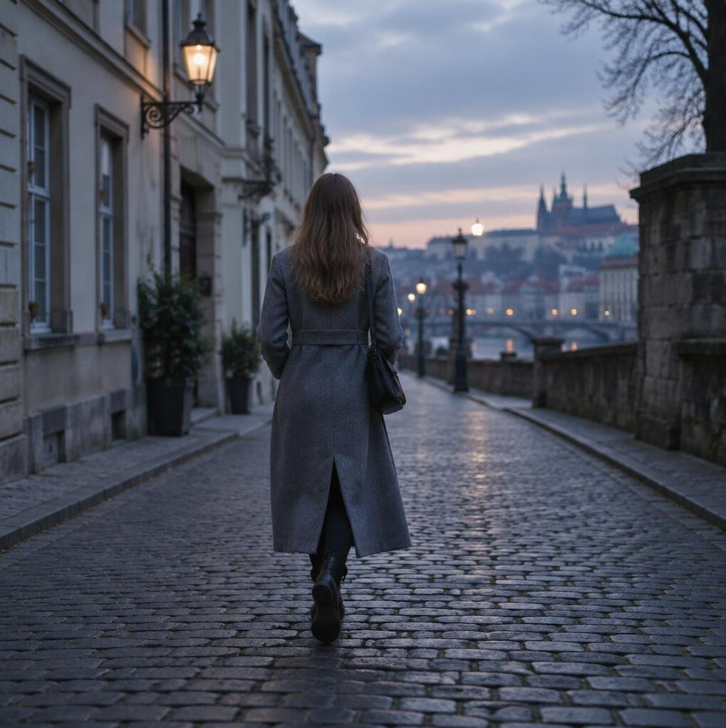 A person seen from behind walking alone down a quiet empty street