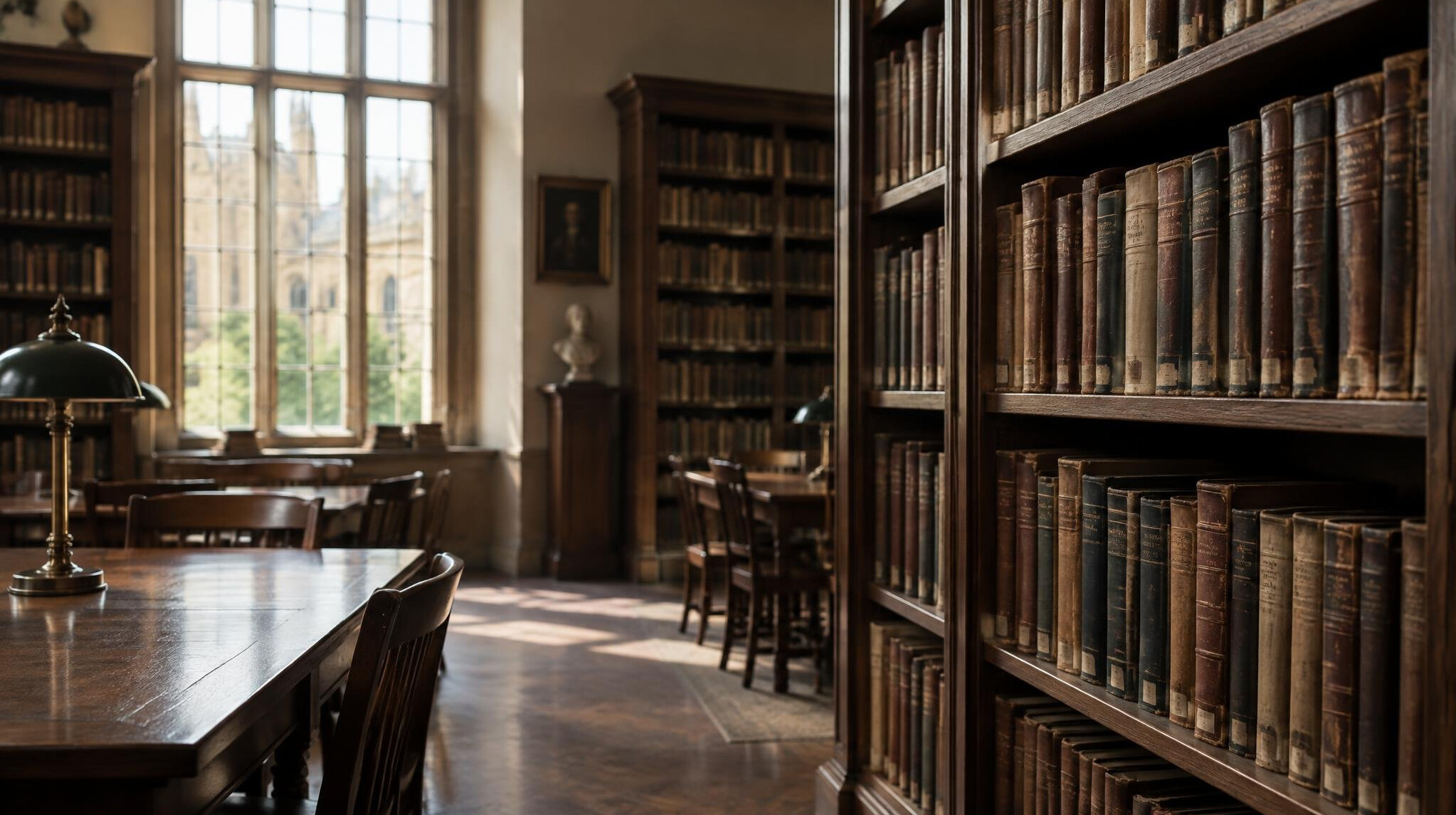 Rows of old books on wooden shelves in a quiet academic library