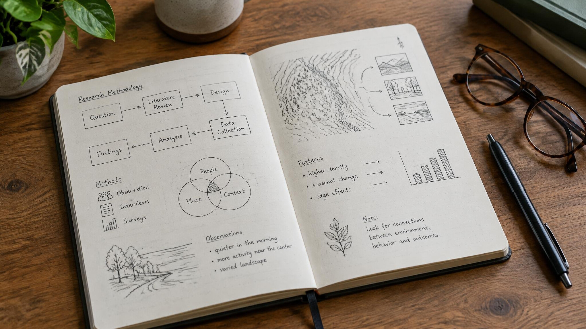 Open notebook with handwritten research diagrams on a desk